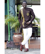 Brown &amp; Golden Strips Embroidered Long Sleeve Shirt Men&#39;s African Clothing  - $55.00+