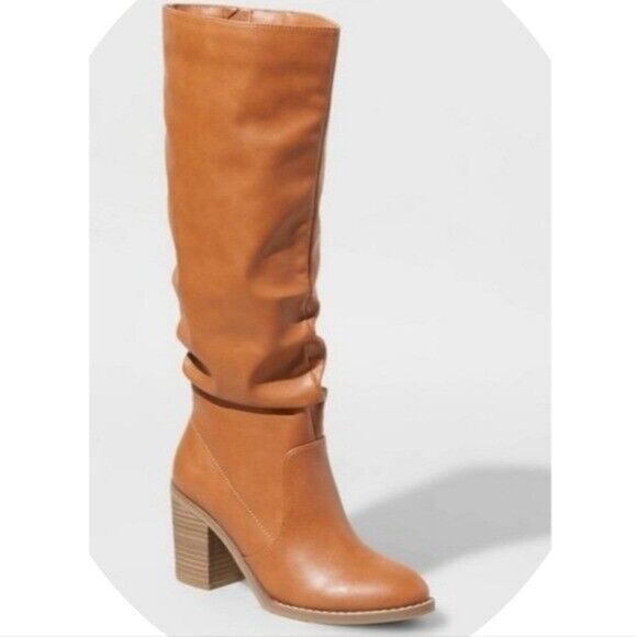Primary image for Universal Thread Tessa Knee High Scrunch Heeled Faux Leather Boots Cognac 5.5