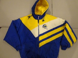 Blue &amp; Yellow Vintage St. Louis Rams Logo 7 NFL Sewn GAME DAY Hooded Parka Men M - £78.94 GBP