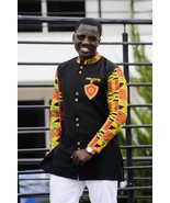 Kente &amp; Black Cotton Men&#39;s Long Sleeve Shirt African Clothing Men&#39;s Wear  - $75.29 CAD+