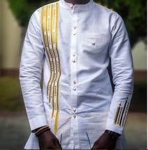White and Gold Men&#39;s Long Sleeve Shirt with Embroidered Strips African C... - $58.95+