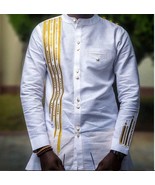 White and Gold Men's Long Sleeve Shirt with Embroidered Strips African Clothing - $58.95 - $60.00