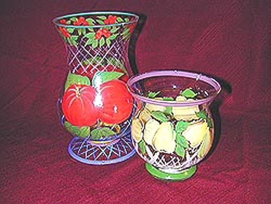 Hand Painted Fruit Pattern multi-Colored, Glass, Hurricane Candleholders - $14.95