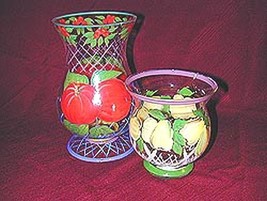 Hand Painted Fruit Pattern multi-Colored, Glass, Hurricane Candleholders - £11.95 GBP