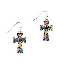 Multi Colored Enamel Hook Cross DROP/DANGLE Earrings .925 Silver Plated Zamak - £10.35 GBP