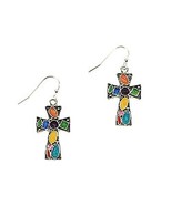 MULTI COLORED ENAMEL HOOK CROSS DROP/DANGLE EARRINGS .925 SILVER PLATED ... - $17.71 CAD