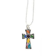 Multi Colored Enamel Cross Necklace 16 Inch No Stone, Silver Plated, Pendant - £12.72 GBP