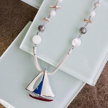 Silver Plated and Enamel Leather Corded Sailboat Necklace - £11.22 GBP