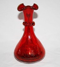 Red Orange Amber Crackle Art Glass with Ribbon Vase #1767 - £19.30 GBP