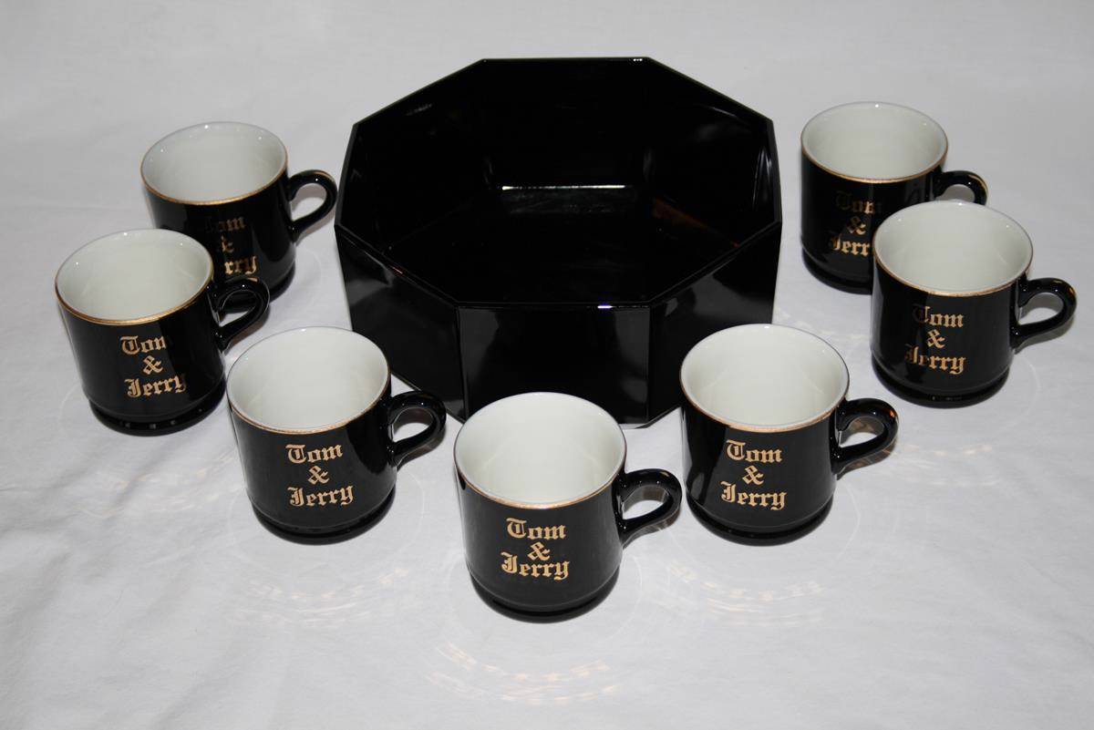 Set of 8 Vintage Hall Black Tom & Jerry Mugs with Arcoroc Octagon Bowl   #1719 - $60.00