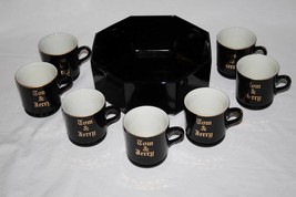 Set of 8 Vintage Hall Black Tom &amp; Jerry Mugs with Arcoroc Octagon Bowl   #1719 - £46.93 GBP