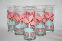 Vintage Pink Turquoise Highball Glass Tumblers  -Set of 6-  #1834 - £47.40 GBP