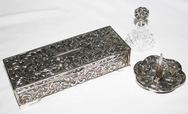 Godinger Silverplate Jewelry Box, Ring Holder &amp; Perfume Bottle 3 Pc Set #994 - £78.10 GBP