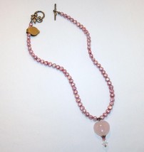 Pink Baroque Pearl Rose Quartz Heart Pendant Sterling Toggle Necklace J94JS - £51.95 GBP