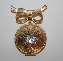 Vintage Avon Gold Toned Perfume Locket Bow Brooch  J204GS - $15.00