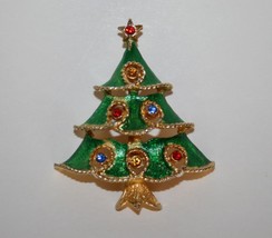 Vintage JJ Jonette Jewelry Gold Toned Rhinestone Christmas Tree Brooch  ... - £15.96 GBP