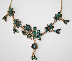 Gold Tone Enameled Leaf &amp; Flower Turquoise Gold Crystal Necklace  NEW  J230 - £27.53 GBP