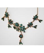 Gold Tone Enameled Leaf &amp; Flower Turquoise Gold Crystal Necklace  NEW  J230 - £27.53 GBP