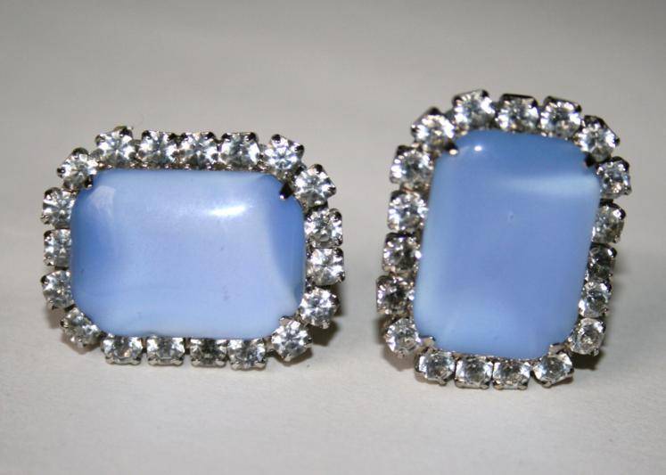 Primary image for Vintage Silver Tone Blue Glass with Clear Crystal Clip Earrings  J165JS