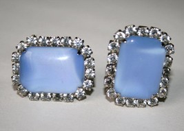 Vintage Silver Tone Blue Glass with Clear Crystal Clip Earrings  J165JS - £46.19 GBP