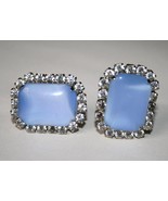 Vintage Silver Tone Blue Glass with Clear Crystal Clip Earrings  J165JS - £46.36 GBP