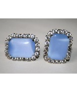 Vintage Silver Tone Blue Glass with Clear Crystal Clip Earrings  J165JS - $78.98 CAD