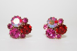 Vintage Sparkling Pink Red Crystal Cluster Clip Earrings J152 - $34.00