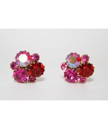 Vintage Sparkling Pink Red Crystal Cluster Clip Earrings J152 - £27.17 GBP