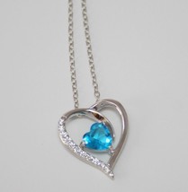 Silver Tone Chain Necklace with Aqua CZ Heart Pendant NEW  J227 - £15.98 GBP