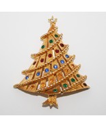 Unmarked Gold Toned Christmas Tree Brooch Pin with Rhinestones J200 - £9.39 GBP