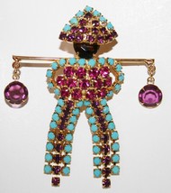Vintage Gold Tone Colorful Crystal Oriental Water Carrier Brooch Pin J244 - £59.87 GBP