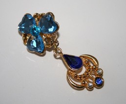 Vintage Gold Tone Shades of Blue Plastic Rhinestone Dangle Clip Earrings... - $32.00