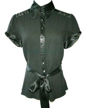 BEBE Black Stretch Crepe with Satin Trim Blouse Top Small   #1033 - £46.41 GBP