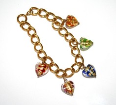 MURANO Glass Multi-Colored Heart Charm Gold Tone Bracelet       J101 - £35.97 GBP