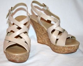 Saks Fifth Avenue 1022-SHOE Khaki Leather Cork Heel Platform Wedge  7.5 ... - $89.00