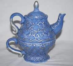 Tea For One Make The Season Bright Blue Silver Scroll Teapot &amp; Cup Set #... - $33.00