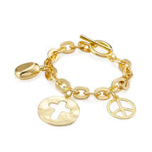 18K Gold-Plated Cable Chain Pea Peace Sign Cross Coin Charm Bracelet - £11.21 GBP