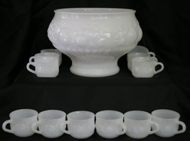 Vintage JEANNETTE -FRUIT- Milk Glass White Punch Bowl &amp; 20 Cups Set     #931 - $98.00