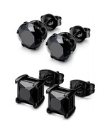 2 Pair 5mm Princess and Round Onyx Stud Earrings - Sterling Silver/Black... - $33.86