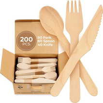 Disposable Wooden Cutlery Set - 200 Pcs (80 Forks | 80 Spoons | 40 Knive... - $16.10