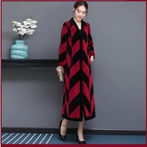 Luxury Long Red And Black V Neck Chevron Design Lamb Shearling Sheepskin Coat image 3