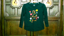 girls OLD NAVY green long sleeved t-shirt gold 3"Oh what fun" 3T (baby 29) - $2.80
