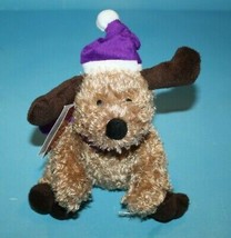 Kmart Curly Brown Dog 6&quot; Sits Stuffed Plush Puppy Xmas Soft Toy Purple Hat Scarf - £9.31 GBP