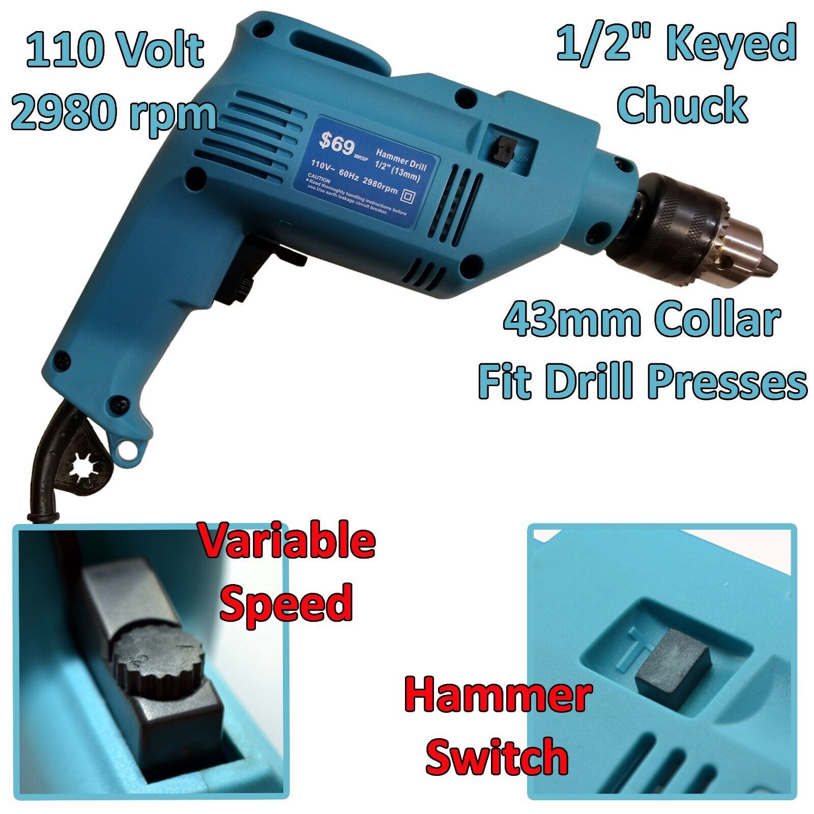 Hammer Drill 1/2" Chuck 43mm Collar 110v will fit Drill Stand +Key Brick Masonry - $19.79