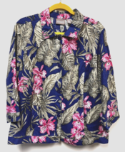 Chico&#39;s Women&#39;s Linen Bright Blue Pink Floral Tropical Jacket SX3 XL Amazing Shp - £30.99 GBP