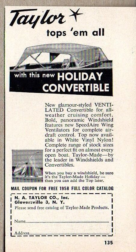 1958 Print Ad Taylor Convertible Boat Tops Gloversville,NY - $8.72