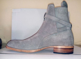 Handmade Men&#39;s Gray Ankle Boot, Men&#39;s Suede Strap Jodhpurs High Fashion Boot - £123.04 GBP