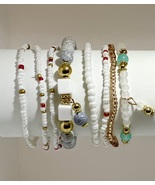 Handmade Beaded Bracelet Set, White Marble and Gold, Multi-Strand Stretch Design - $11.00