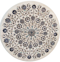 White Marble Round Mosaic Coffee Top Table Lapis Inlay Marquetry Patio Decors - £1,805.83 GBP