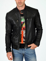New Men&#39;s Genuine Lambskin Leather Jacket Black Slim Fit Motorcycle Jacket MJ044 - £93.58 GBP